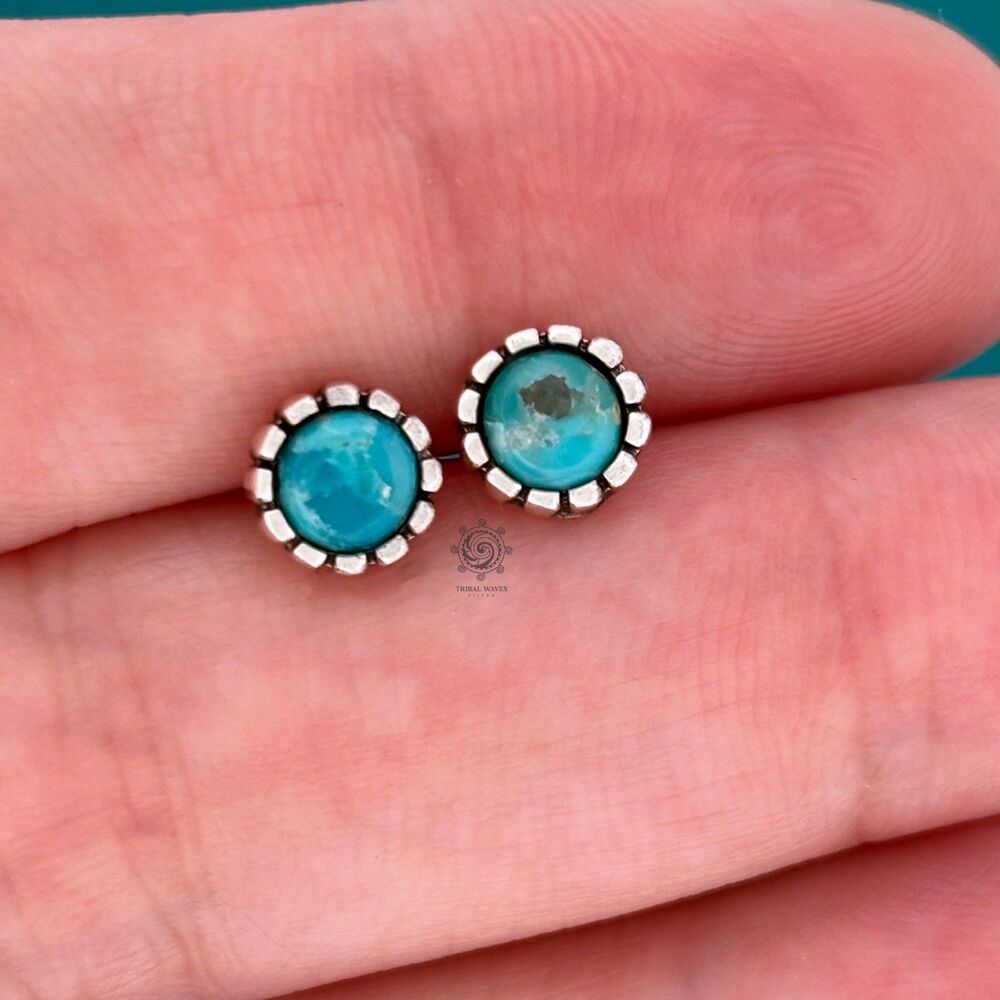 6.5mm Turquoise Castellated Bezel Sterling Silver Stud Earrings 925